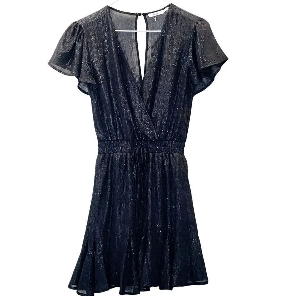 NWT Mi Ami Sparkly Surplice Flutter Sleeve Cocktail Fit & Flare Dress Black XXS